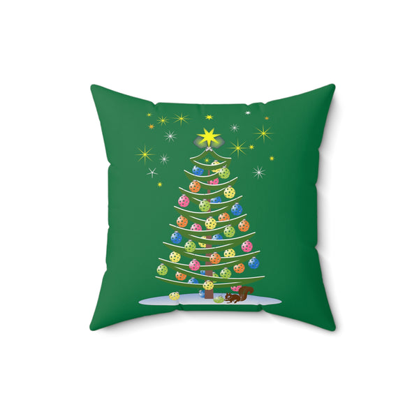 Pickleball Christmas Tree Square Pillow-Green - Great Pickleball Stuff