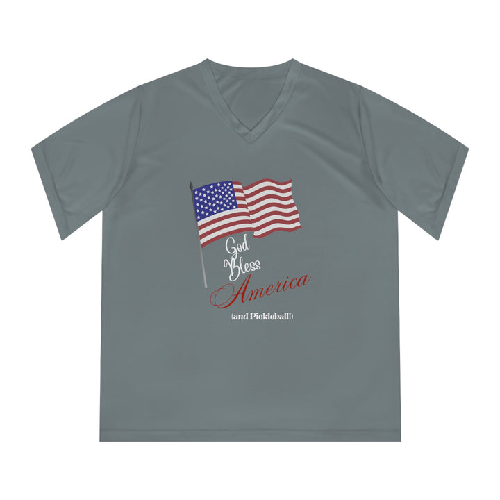 God Bless America and Pickleball Women's Moisture-Wicking V-Neck T-Shirt - Great Pickleball Stuff