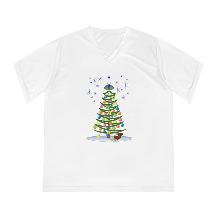 Pickleball Christmas Tree Women's Moisture-Wicking V-Neck T-Shirt - Great Pickleball Stuff