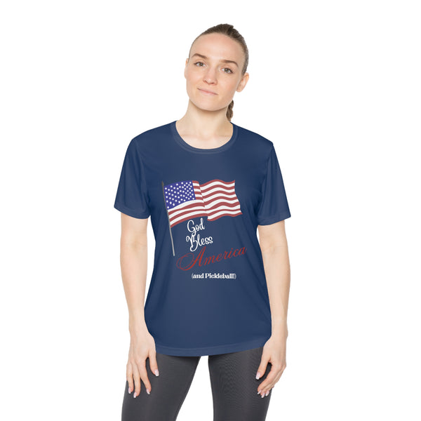 God Bless America and Pickleball Women's Moisture-Wicking T-Shirt - Great Pickleball Stuff