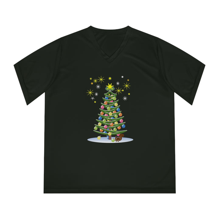 Pickleball Christmas Tree Women's Moisture-Wicking V-Neck T-Shirt - Great Pickleball Stuff