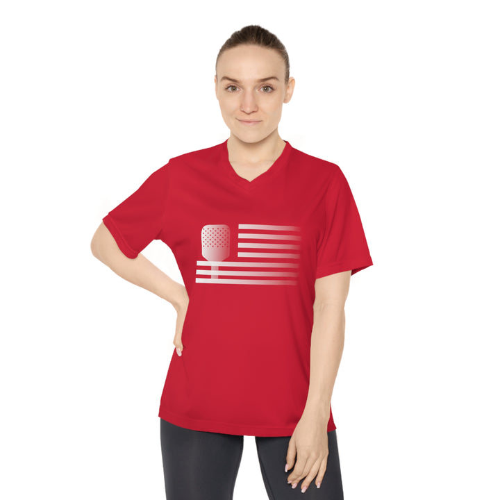 Paddle Flag Women's Moisture-Wicking V-Neck T-Shirt - Great Pickleball Stuff