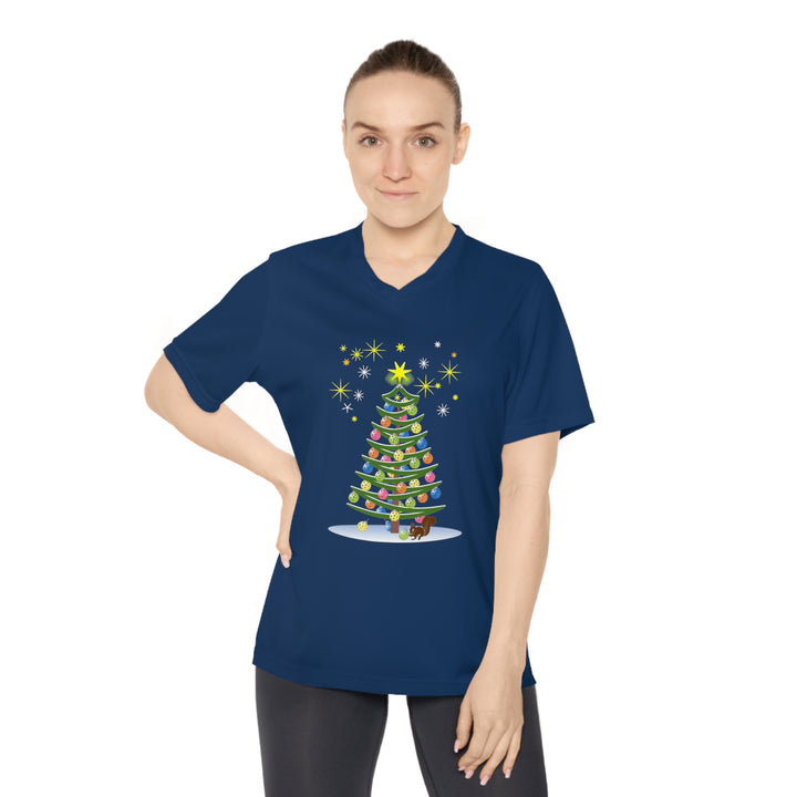 Pickleball Christmas Tree Women's Moisture-Wicking V-Neck T-Shirt - Great Pickleball Stuff