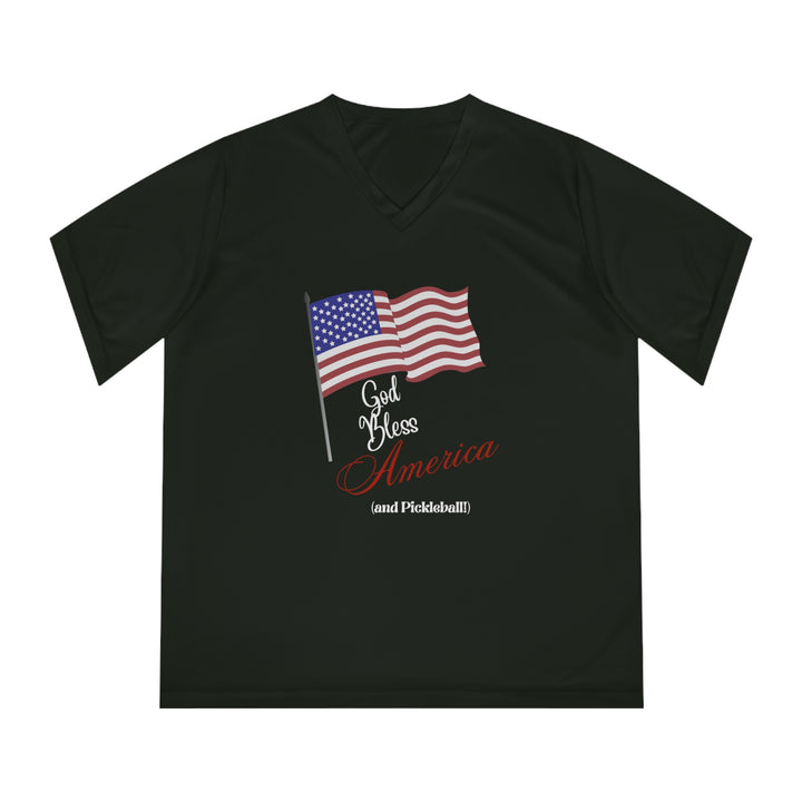 God Bless America and Pickleball Women's Moisture-Wicking V-Neck T-Shirt - Great Pickleball Stuff