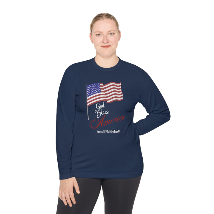 God Bless America and Pickleball Unisex Moisture-Wicking Long Sleeve Tee - Great Pickleball Stuff