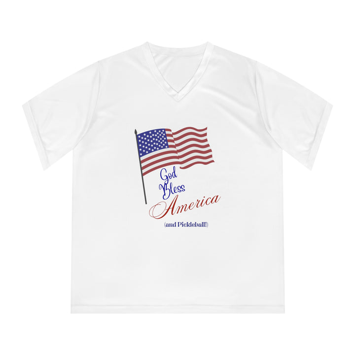 God Bless America and Pickleball Women's Moisture-Wicking V-Neck T-Shirt - Great Pickleball Stuff