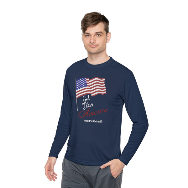 God Bless America and Pickleball Unisex Moisture-Wicking Long Sleeve Tee - Great Pickleball Stuff