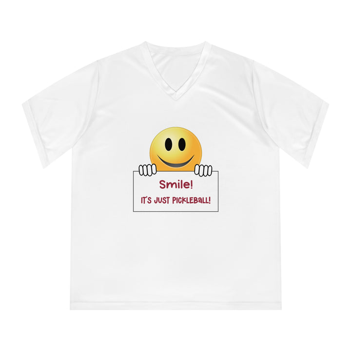 Smile It's Just Pickleball Women's Moisture-Wicking V-Neck T-Shirt - Great Pickleball Stuff