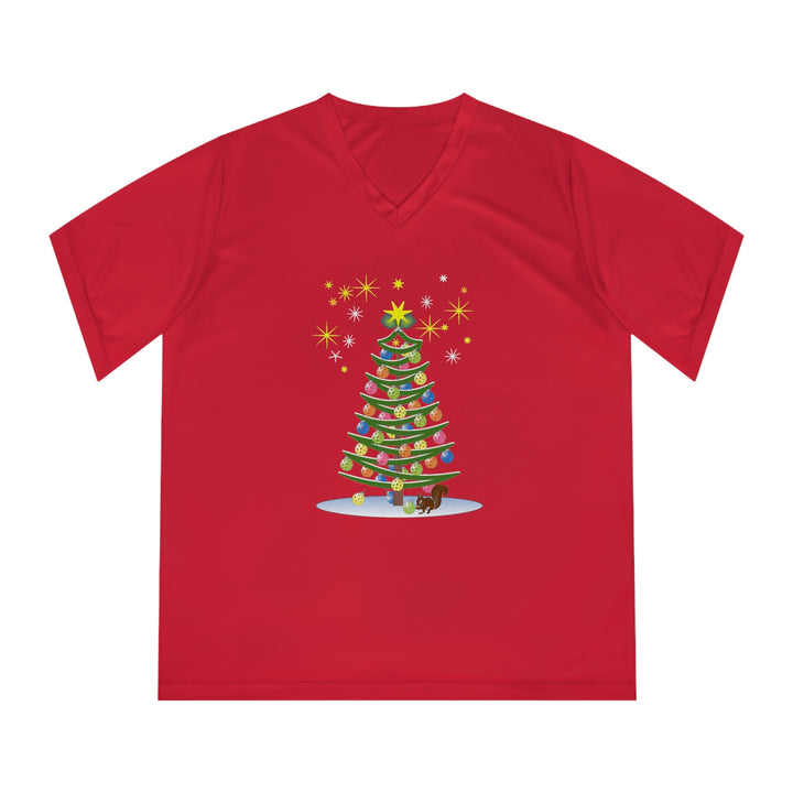 Pickleball Christmas Tree Women's Moisture-Wicking V-Neck T-Shirt - Great Pickleball Stuff