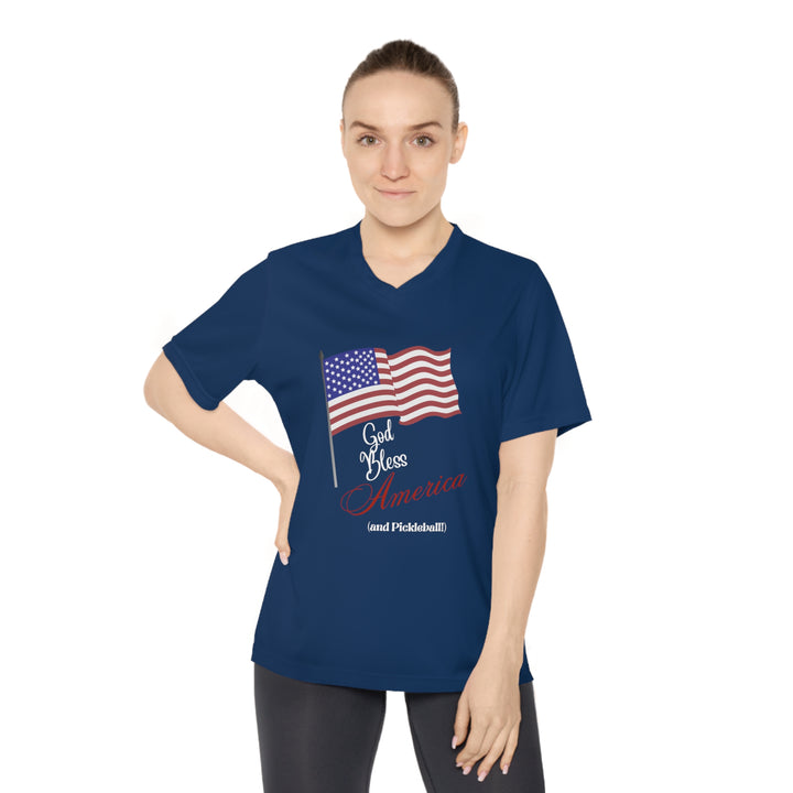 God Bless America and Pickleball Women's Moisture-Wicking V-Neck T-Shirt - Great Pickleball Stuff