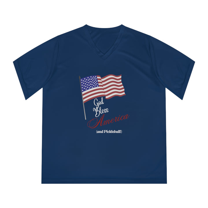 God Bless America and Pickleball Women's Moisture-Wicking V-Neck T-Shirt - Great Pickleball Stuff