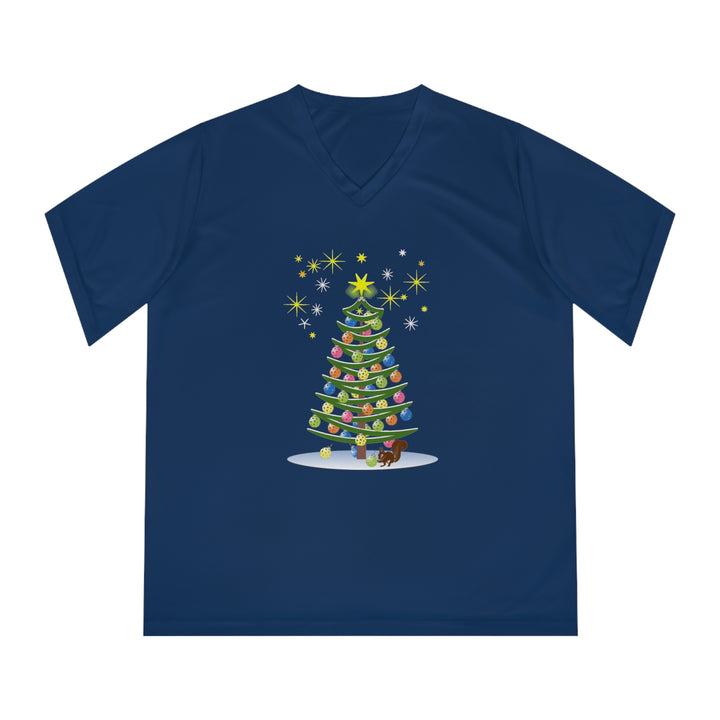 Pickleball Christmas Tree Women's Moisture-Wicking V-Neck T-Shirt - Great Pickleball Stuff