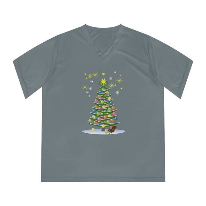 Pickleball Christmas Tree Women's Moisture-Wicking V-Neck T-Shirt - Great Pickleball Stuff