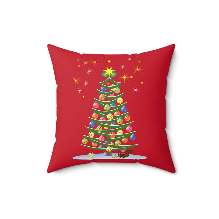 Pickleball Christmas Tree Square Pillow-Red - Great Pickleball Stuff