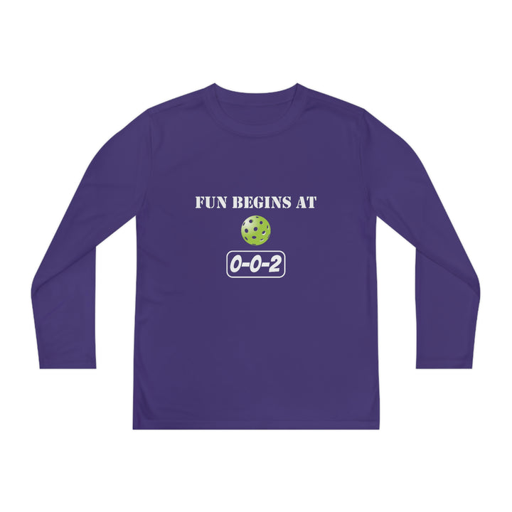 Fun Begins at 0-0-2 Youth Long Sleeve Moisture-Wicking T-Shirt - Great Pickleball Stuff