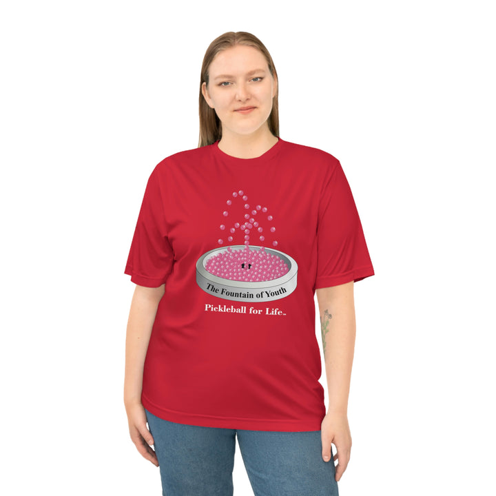 The Pickleball Fountain-Pink Unisex Moisture-Wicking T-Shirt - Great Pickleball Stuff