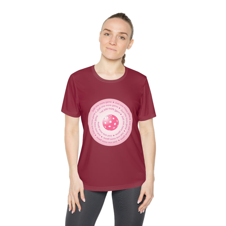 Just One More Game-Pink Women's Moisture-Wicking T-Shirt - Great Pickleball Stuff