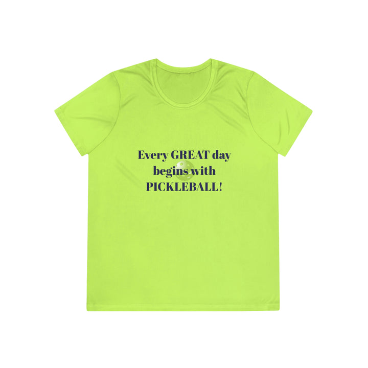 Every Great Day Begins with Pickleball! Women's Moisture-Wicking T-Shirt - Great Pickleball Stuff