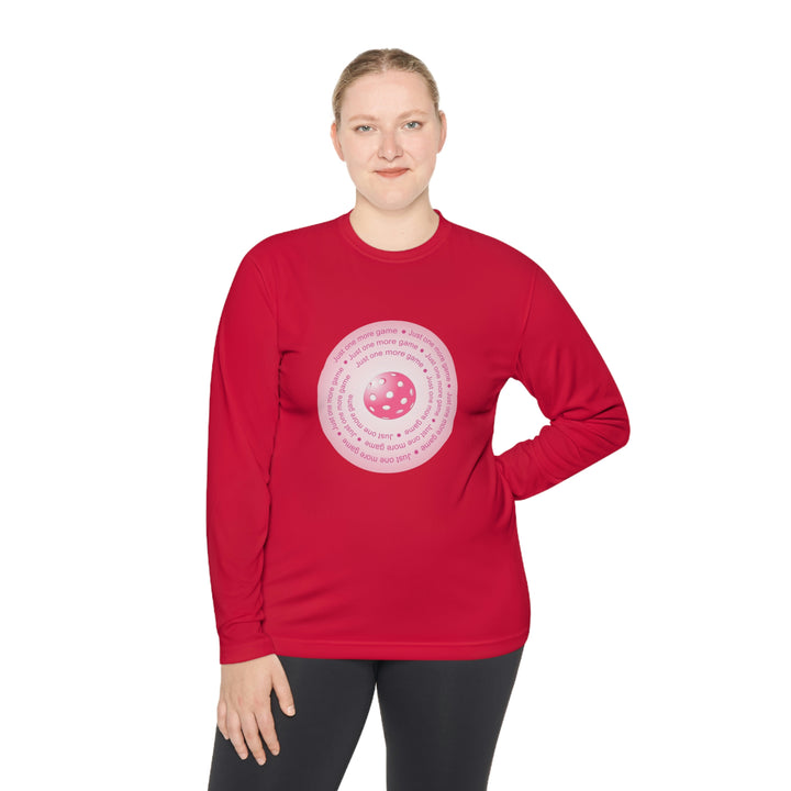 Just One More Game-Pink Unisex Moisture-Wicking Long Sleeve Tee - Great Pickleball Stuff