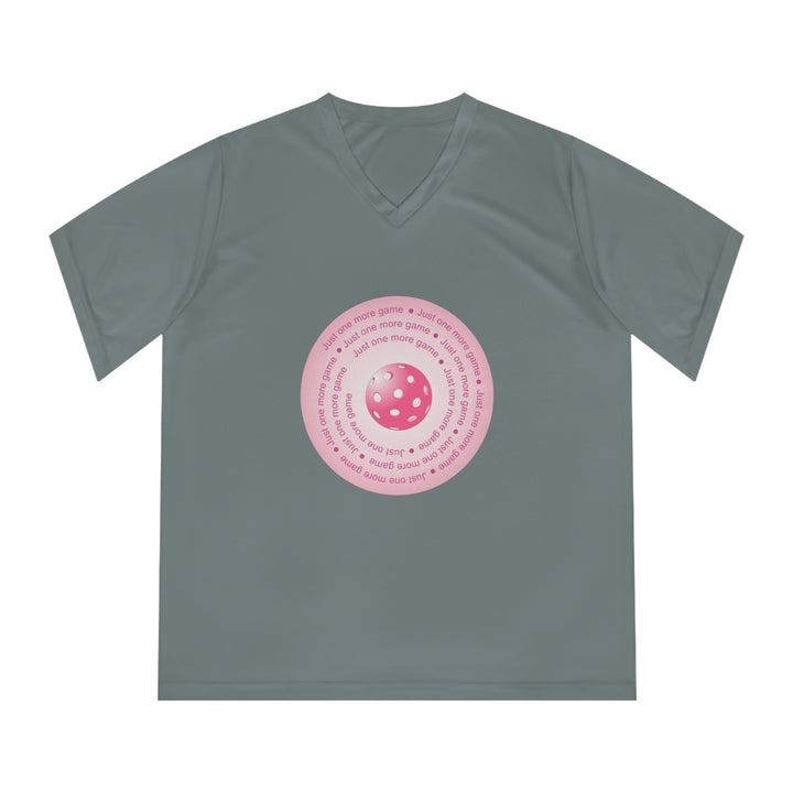 Just One More Game-Pink Women's Moisture-Wicking V-Neck T-Shirt - Great Pickleball Stuff