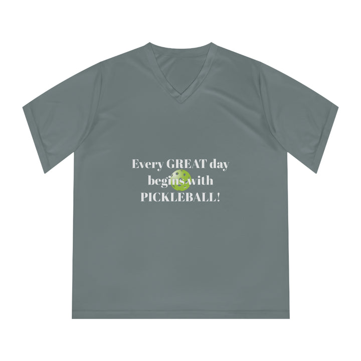 Every Great Day Begins with Pickleball! Women's Moisture-Wicking V-Neck T-Shirt - Great Pickleball Stuff