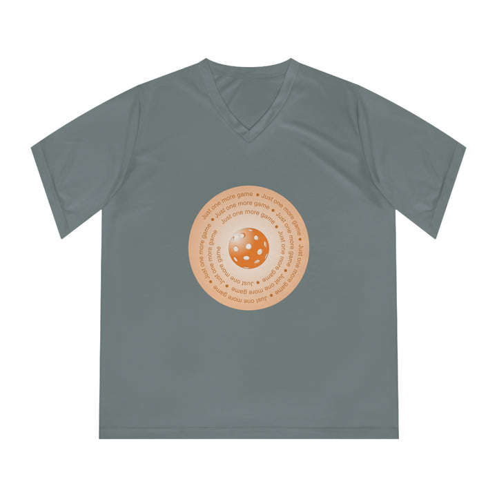 Just One More Game-Orange Women's Moisture-Wicking V-Neck T-Shirt - Great Pickleball Stuff