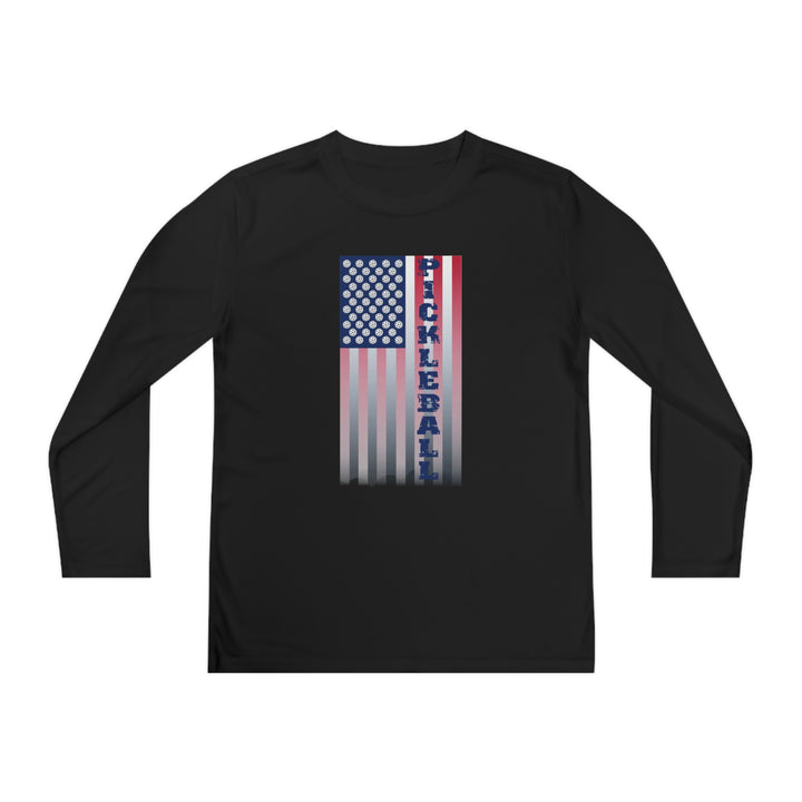 Pickleball Flag Vertical-2 (Faded) Youth Long Sleeve Moisture-Wicking T-Shirt - Great Pickleball Stuff