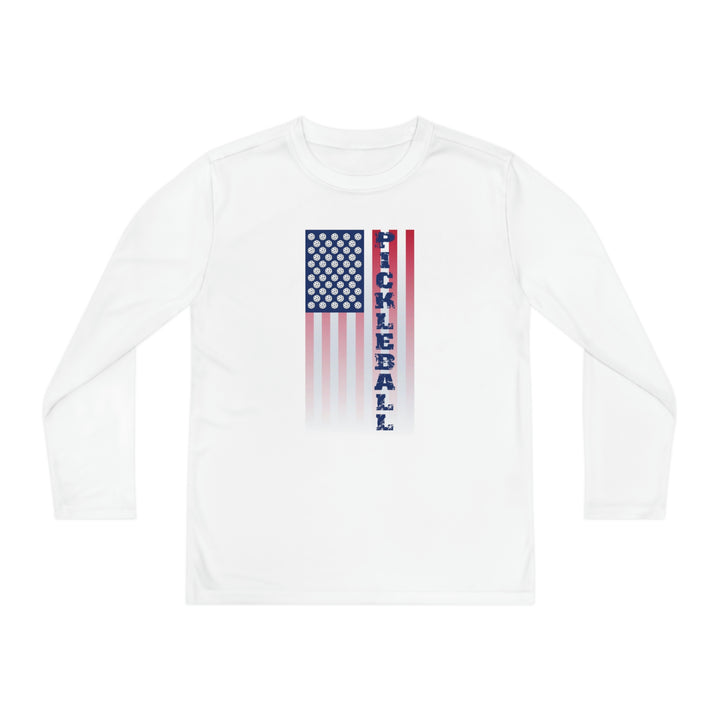 Pickleball Flag Vertical-2 (Faded) Youth Long Sleeve Moisture-Wicking T-Shirt - Great Pickleball Stuff