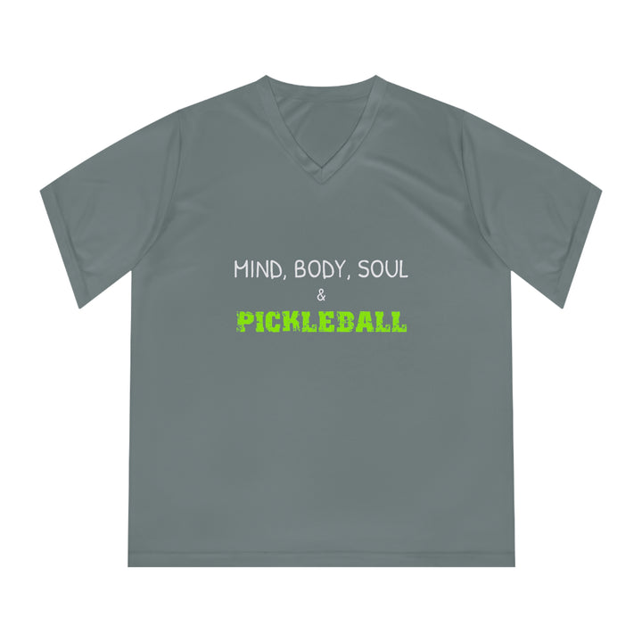 Mind, Body, Soul & Pickleball Women's Moisture-Wicking V-Neck T-Shirt - Great Pickleball Stuff