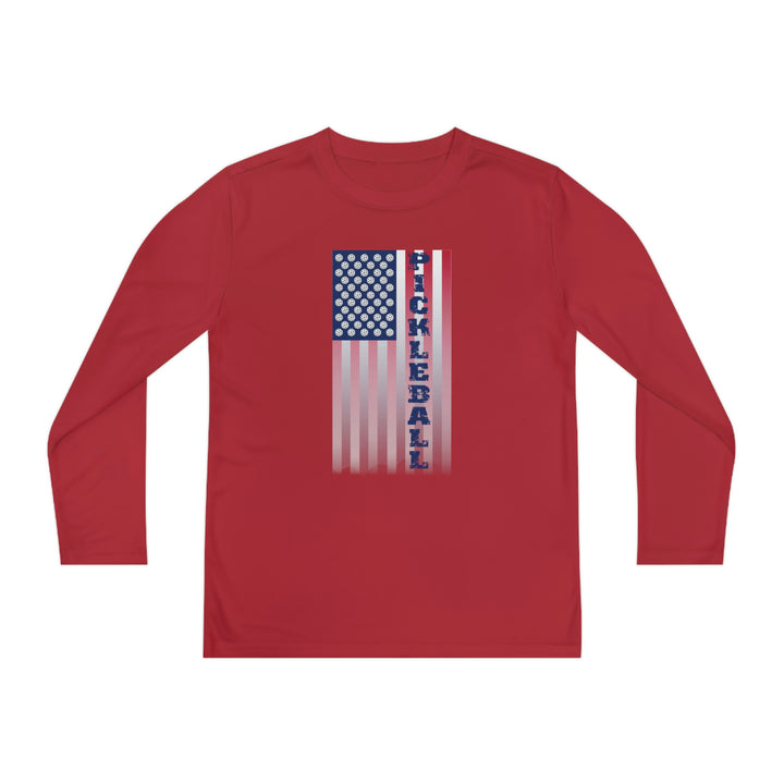 Pickleball Flag Vertical-2 (Faded) Youth Long Sleeve Moisture-Wicking T-Shirt - Great Pickleball Stuff