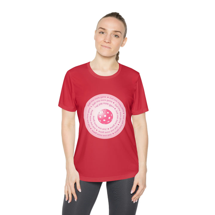 Just One More Game-Pink Women's Moisture-Wicking T-Shirt - Great Pickleball Stuff