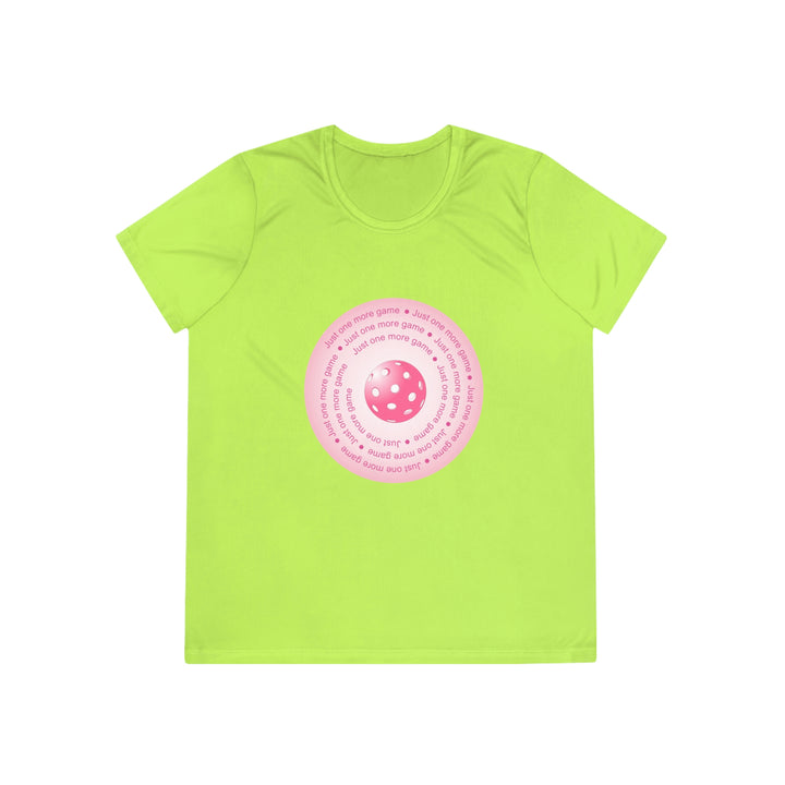 Just One More Game-Pink Women's Moisture-Wicking T-Shirt - Great Pickleball Stuff