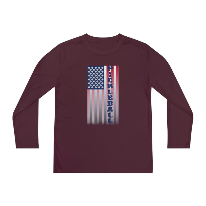 Pickleball Flag Vertical-2 (Faded) Youth Long Sleeve Moisture-Wicking T-Shirt - Great Pickleball Stuff