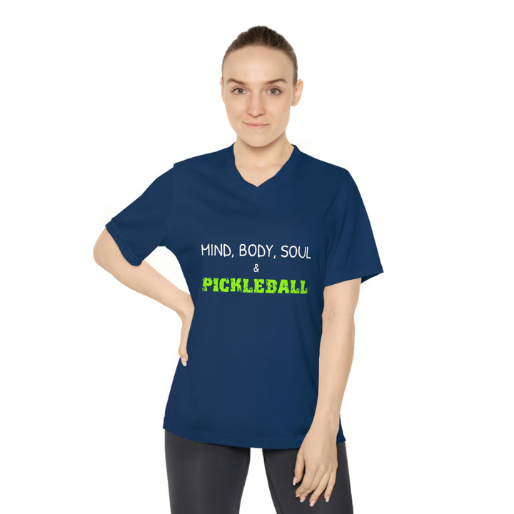 Mind, Body, Soul & Pickleball Women's Moisture-Wicking V-Neck T-Shirt - Great Pickleball Stuff