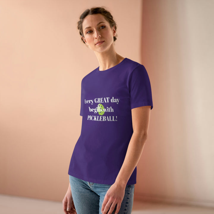 Every Great Day Begins with Pickleball! Women's Relaxed-Fit T-shirt - Great Pickleball Stuff