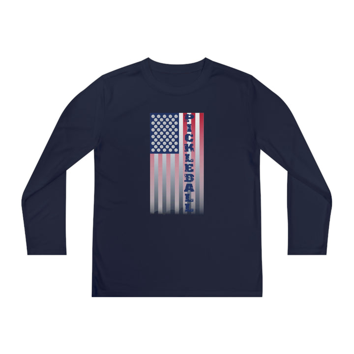 Pickleball Flag Vertical-2 (Faded) Youth Long Sleeve Moisture-Wicking T-Shirt - Great Pickleball Stuff