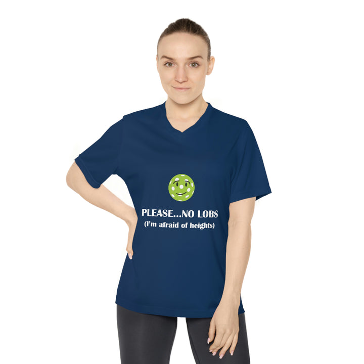 Please No Lobs-I'm Afraid of Heights Women's Moisture-Wicking V-Neck T-Shirt - Great Pickleball Stuff