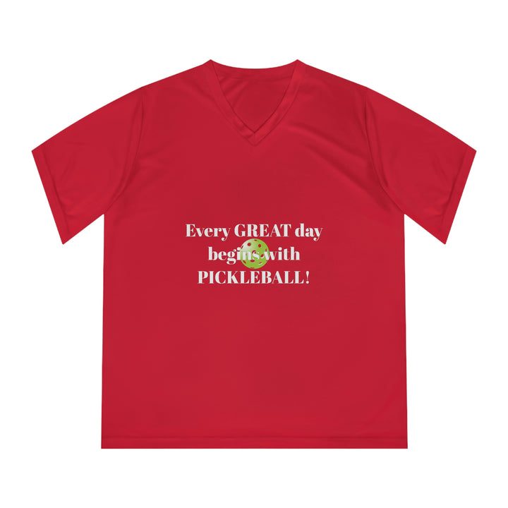 Every Great Day Begins with Pickleball! Women's Moisture-Wicking V-Neck T-Shirt - Great Pickleball Stuff