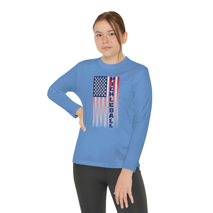 Pickleball Flag Vertical-2 (Faded) Youth Long Sleeve Moisture-Wicking T-Shirt - Great Pickleball Stuff