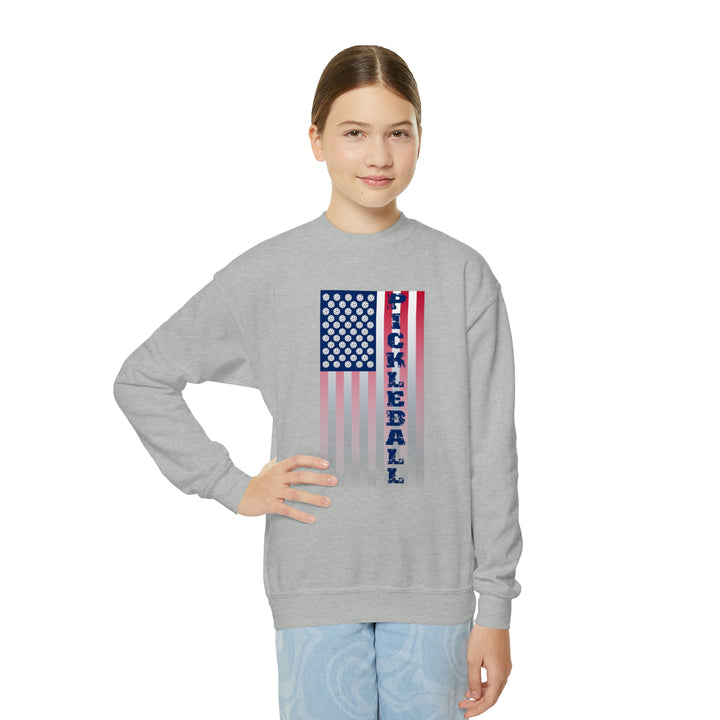 Pickleball Flag Vertical-2 (Faded) Youth Crewneck Sweatshirt - Great Pickleball Stuff