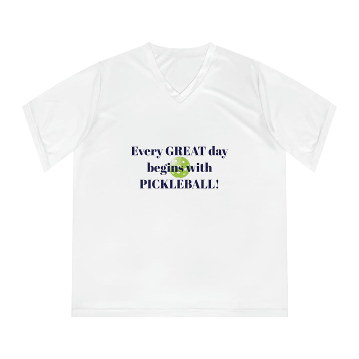 Every Great Day Begins with Pickleball! Women's Moisture-Wicking V-Neck T-Shirt - Great Pickleball Stuff