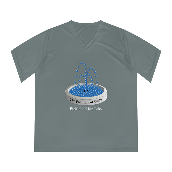 The Pickleball Fountain-Blue Women's Moisture-Wicking V-Neck T-Shirt - Great Pickleball Stuff