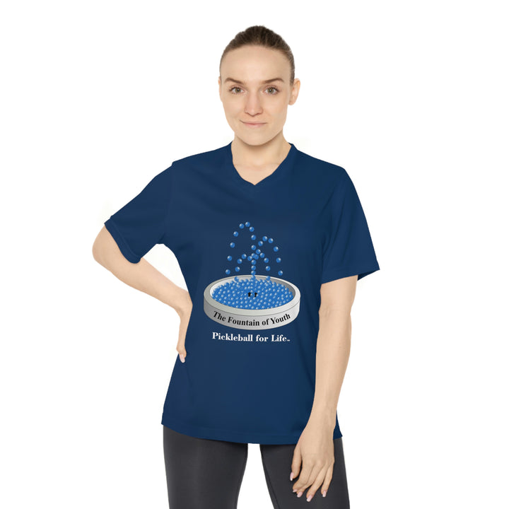 The Pickleball Fountain-Blue Women's Moisture-Wicking V-Neck T-Shirt - Great Pickleball Stuff