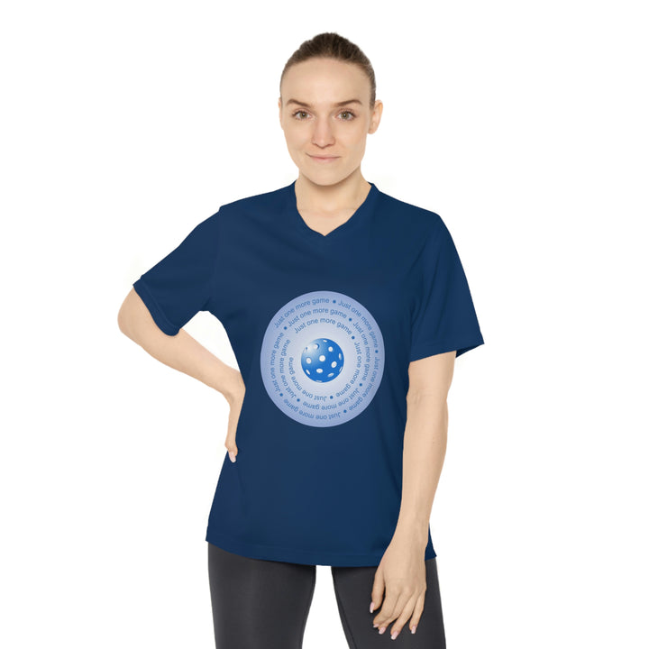 Just One More Game-Blue Women's Moisture-Wicking V-Neck T-Shirt - Great Pickleball Stuff