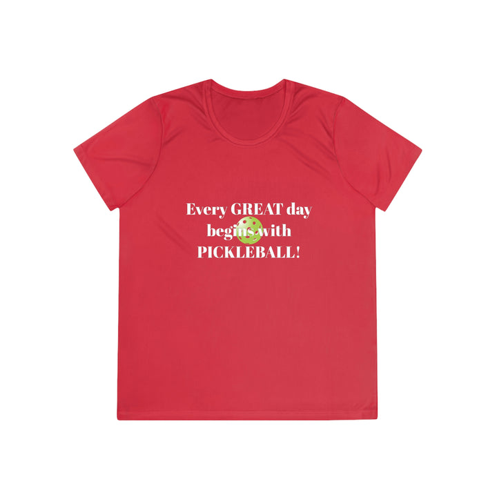 Every Great Day Begins with Pickleball! Women's Moisture-Wicking T-Shirt - Great Pickleball Stuff