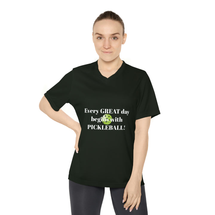 Every Great Day Begins with Pickleball! Women's Moisture-Wicking V-Neck T-Shirt - Great Pickleball Stuff