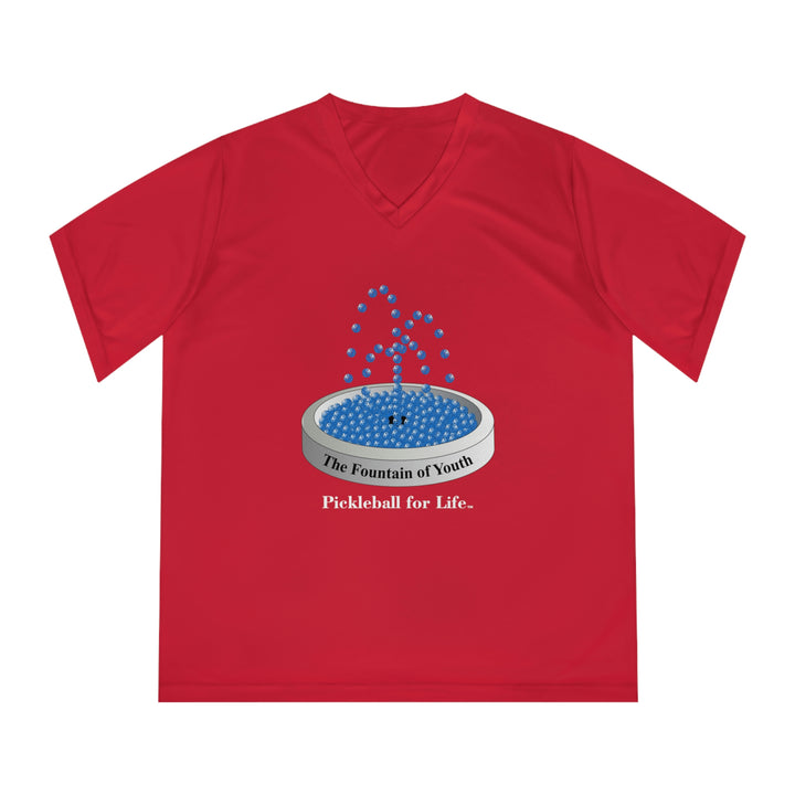 The Pickleball Fountain-Blue Women's Moisture-Wicking V-Neck T-Shirt - Great Pickleball Stuff