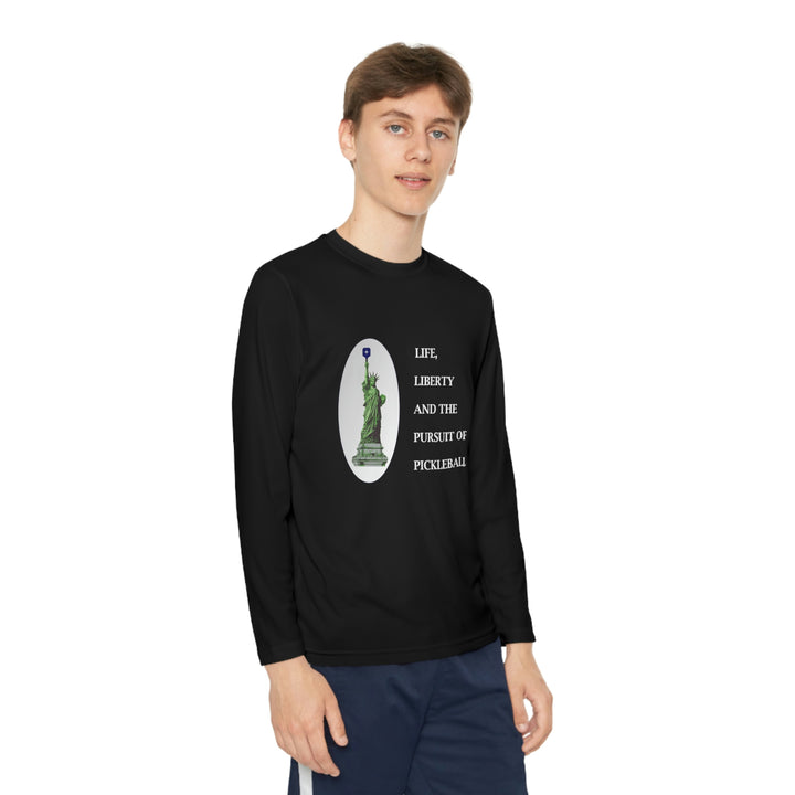 Life, Liberty & the Pursuit of Pickleball Youth Long Sleeve Moisture-Wicking T-Shirt - Great Pickleball Stuff