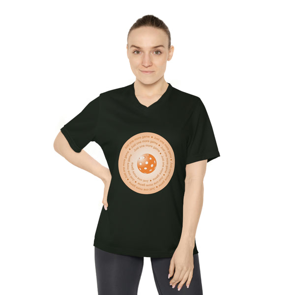 Just One More Game-Orange Women's Moisture-Wicking V-Neck T-Shirt - Great Pickleball Stuff