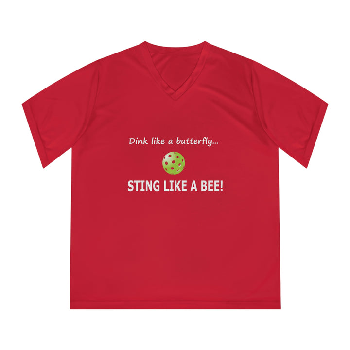 Dink Like a Butterfly, Sting Like a Bee Women's Moisture-Wicking V-Neck T-Shirt - Great Pickleball Stuff